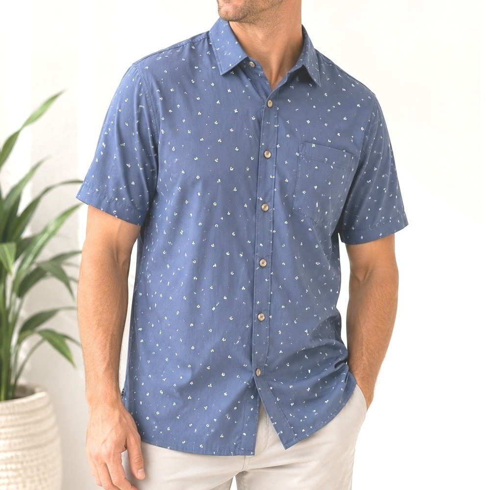 Travis Mathew Blue Leaf‎ Print Short Sleeve Button Down Shirt Golf Casual